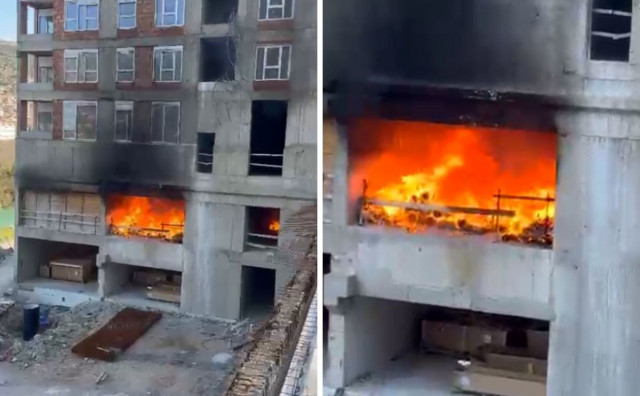 Požar na novogradnji kod Studentskog mosta u Mostaru, vatrogasci na terenu