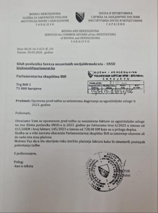 SNSD dug za hranu i piće Parlamentu BiH