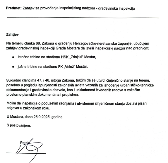 inspekcija zahtjev