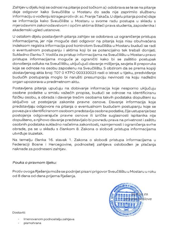 Odgovor rektorata na zahtjev za suspenziju Franje Takača