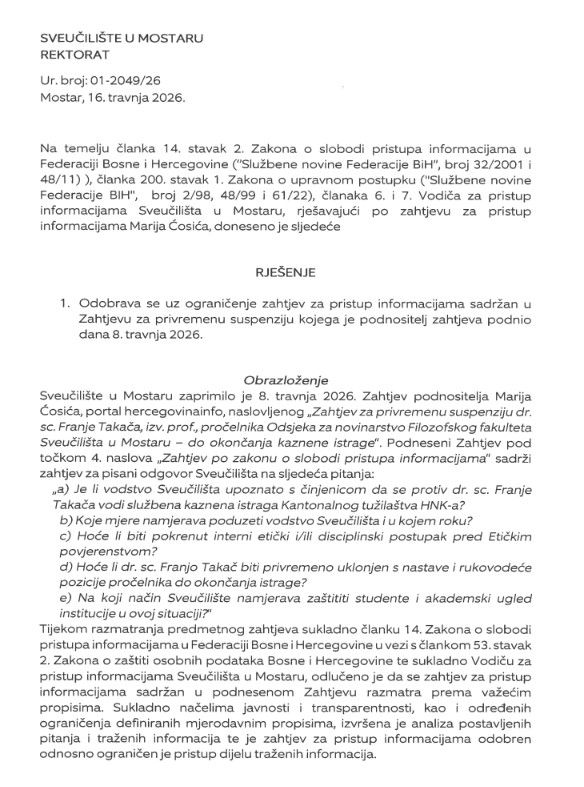 Odgovor rektorata na zahtjev za suspenziju Franje Takača