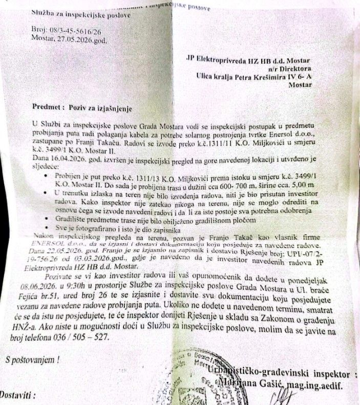 građevinska inspekcija Takač i Elektroprivreda HZ HB