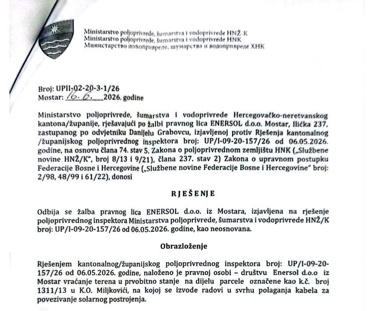 Ministarstvo poljoprivrede odbilo Enersol d.o.o