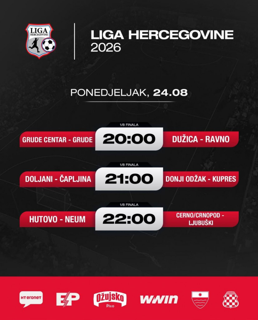 Liga Hercegovine počinje večeras na SC Jakerovac u Krehin Gracu. Pogledajte raspored utakmica osmine finala i četvrtfinala. Ulaz je besplatan.