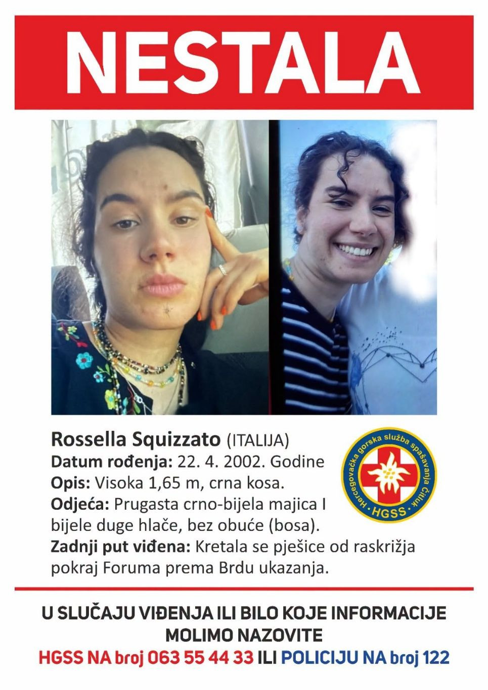 Nestala djevojka u Međugorju, HGSS pokrenuo potragu
