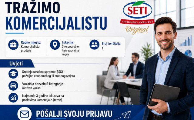 Tvrtka traži komercijalistu prodaje za šire područje hercegovačke regije
